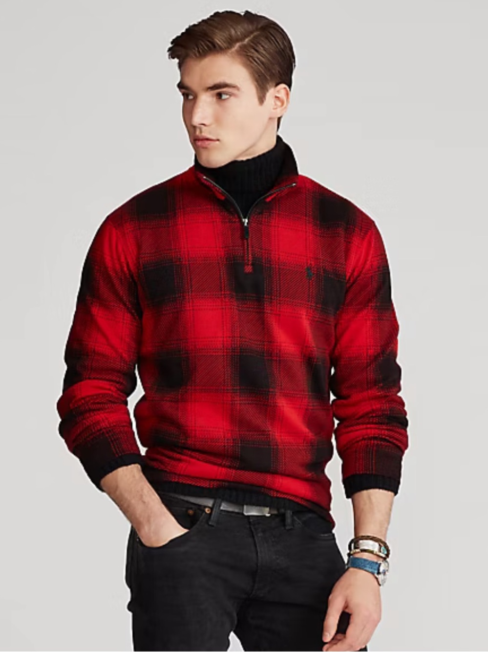 POLO Ralph Lauren Estate Rib Half Zip Sweater Plaid Buffalo Check Red Black M